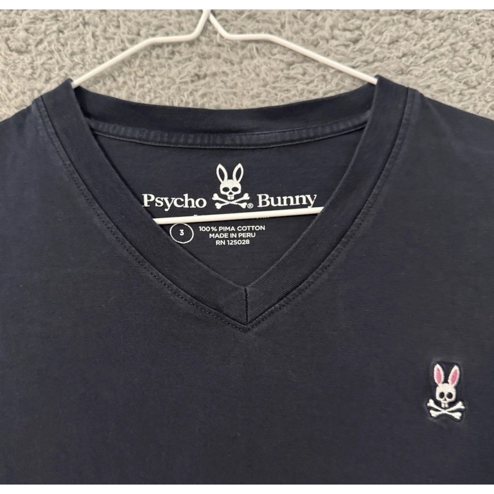 Psycho Bunny T-Shirt Men´s Size 3 Blue‎ V Neck Logo Embroidery Pima Cotton - Picture 2 of 5